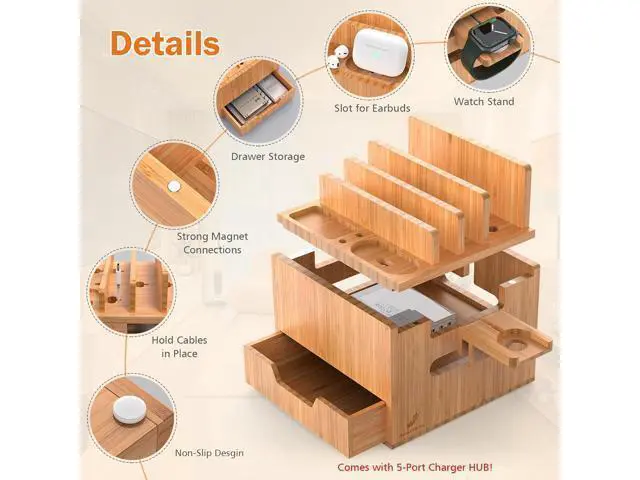 Alt view image 3 of 7 - Pezin & Hulin Multi Device Charging Station, with Charger HUB Adapter, All in One Large Dock Organizer with Drawer Storage, Compatible with Phones, Tablets, Earbuds (5 Mixed Cables Included)