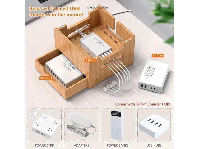 Alt view image 5 of 7 - Pezin & Hulin Multi Device Charging Station, with Charger HUB Adapter, All in One Large Dock Organizer with Drawer Storage, Compatible with Phones, Tablets, Earbuds (5 Mixed Cables Included)