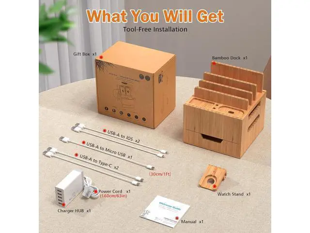 Alt view image 4 of 7 - Pezin & Hulin Multi Device Charging Station, with Charger HUB Adapter, All in One Large Dock Organizer with Drawer Storage, Compatible with Phones, Tablets, Earbuds (5 Mixed Cables Included)