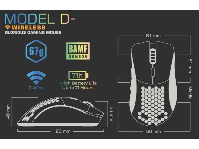 Alt view image 7 of 7 - Glorious Gaming Model D- (Small) Wireless Gaming Mouse - 67g Superlight Honeycomb Design, RGB, Ergonomic, Lag Free 2.4GHz Wireless, Up to 71 Hours Battery - Black