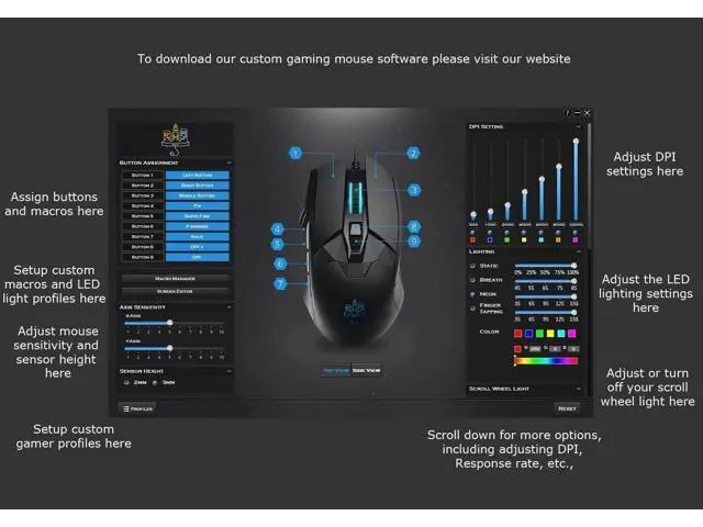 Alt view image 6 of 7 - MOJO Pro Performance Silent Gaming Mouse - Wired Mouse with 9 Programmable Buttons Including Sniper Key, 12000 DPI, 1000 Hz, Force Adjustable, Custom Profiles