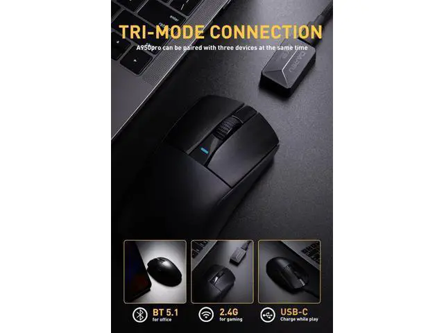 Alt view image 6 of 7 - DAREU A950pro 4K Wireless Gaming Mouse:55g Ultra-Lightweight,4KHz Polling Rate,PAW3395 Optical Sensor,26K DPI,5 Programmable Buttons,Support 15min Fast Charging &Tri-Mode Connection (Black)