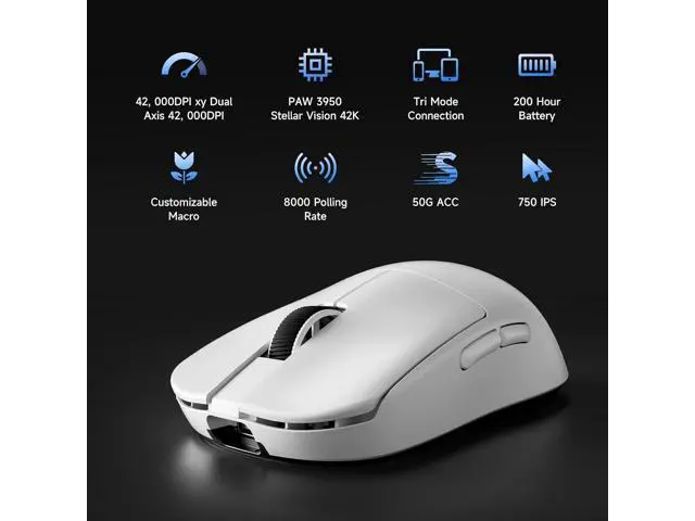 Alt view image 5 of 7 - MCHOSE L7 Ultra+ Wireless Gaming Mouse, Lightweight 48g, Ergonomic Mouse with 42K DPI, PAW3950, Optical Switch, 20000 FPS, Dual 8K Polling, 7 Programmable Buttons, 3-Mode Connect, PC/Mac - White