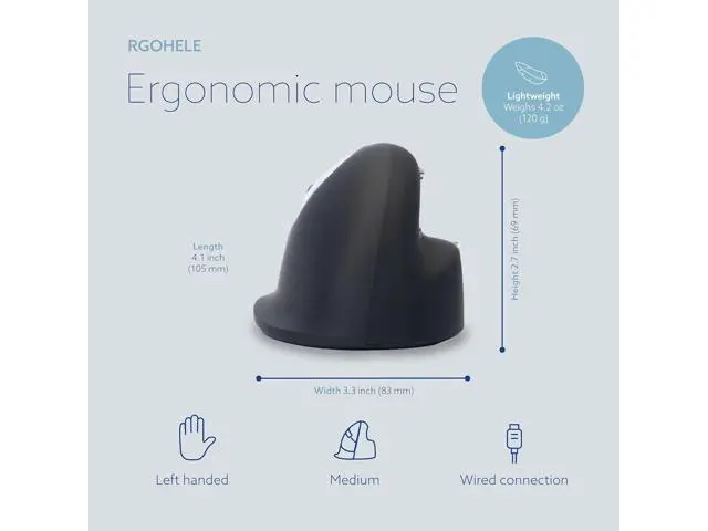 Alt view image 2 of 7 - R-Go HE Vertical Ergonomic Mouse, for Left Handed, with Break Software, USB-C/A Wired, Prevents Tennis Elbow/Mouse Arm RSI, Silent Click, 5 Buttons - Compatible Windows/Mac OS, Black/Silver