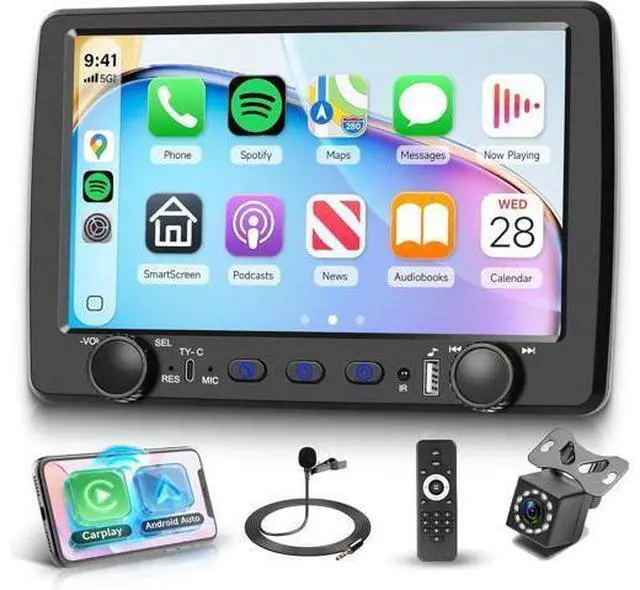 Main image of Rimoody Single Din Car Stereo with Wireless Carplay & Android Auto, 9 Inch Touchscreen Car Audio Receiver, Mirror Link, Bluetooth Handsfree/FM/, Backup Camera, SWC, USB/Type-C, EQ, Remote Control