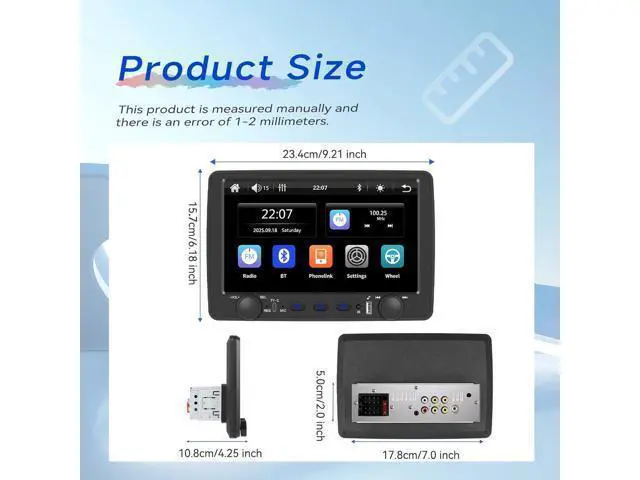 Alt view image 2 of 7 - Rimoody Single Din Car Stereo with Wireless Carplay & Android Auto, 9 Inch Touchscreen Car Audio Receiver, Mirror Link, Bluetooth Handsfree/FM/, Backup Camera, SWC, USB/Type-C, EQ, Remote Control