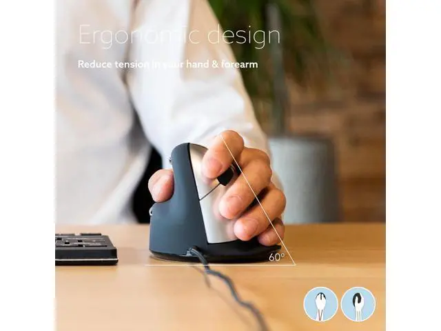 Alt view image 6 of 7 - R-Go HE Vertical Ergonomic Mouse, for Left Handed, with Break Software, USB-C/A Wired, Prevents Tennis Elbow/Mouse Arm RSI, Silent Click, 5 Buttons - Compatible Windows/Mac OS, Black/Silver