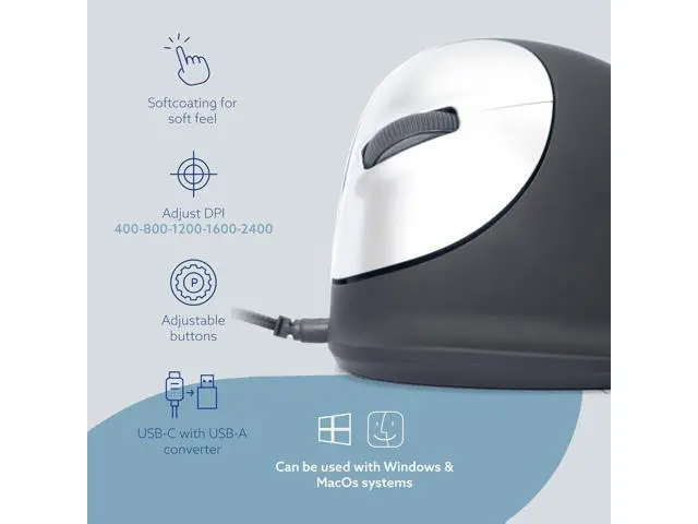 Alt view image 5 of 7 - R-Go HE Vertical Ergonomic Mouse, for Left Handed, with Break Software, USB-C/A Wired, Prevents Tennis Elbow/Mouse Arm RSI, Silent Click, 5 Buttons - Compatible Windows/Mac OS, Black/Silver