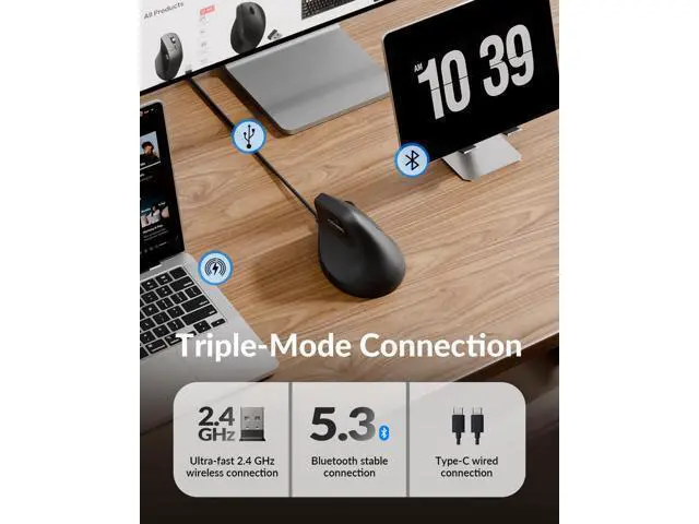 Alt view image 3 of 7 - Keychron M5 8K Vertical Ergonomic Mouse Wireless, 2.4 GHz/Bluetooth 5.3/Wired Computer Mice Rechargeable, 5 Levels Up to 30K DPI with Programmable Buttons for Laptop macOS/Windows - Black