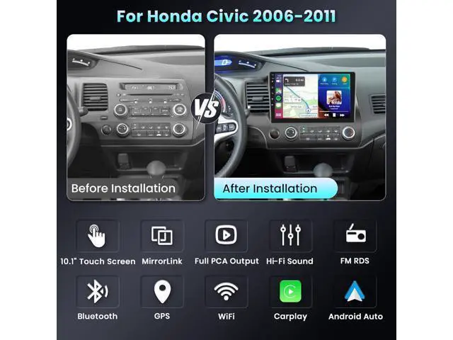 Alt view image 2 of 7 - DSP Car Stereo Radio for Honda Civic 2006-2011 with Wireless Carplay Android Auto MirrorLink,Podofo 10.1 inch HD IPS Touch Screen Built-in GPS 26UIs 5.0Bluetooth Car Radio WiFi AHD Backup Camera Mic
