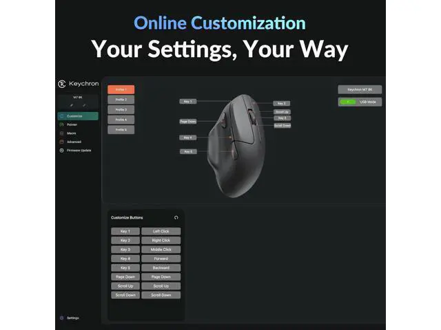 Alt view image 2 of 7 - Keychron M7 8K Wireless Mouse, 30K DPI Optical Computer Mice, 2.4 GHz/Bluetooth/Wired with Macro Button 66g Lightweight Ergonomic, Up to 140 Hours Worktime for Laptop macOS/Windows - Black