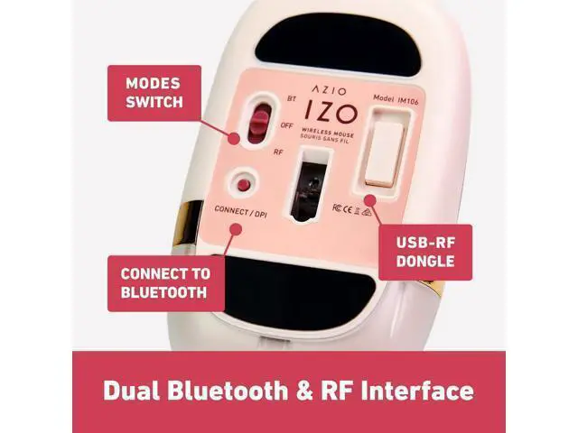 Alt view image 4 of 6 - Azio IZO Wireless Optical Mouse - Bluetooth 3.0 & 5.0/2.4G RF-USB, Ambidextrous Design, PixArt PAW3212 Sensor, 1000/1600/2400 DPI, Rechargeable, PC & Mac
