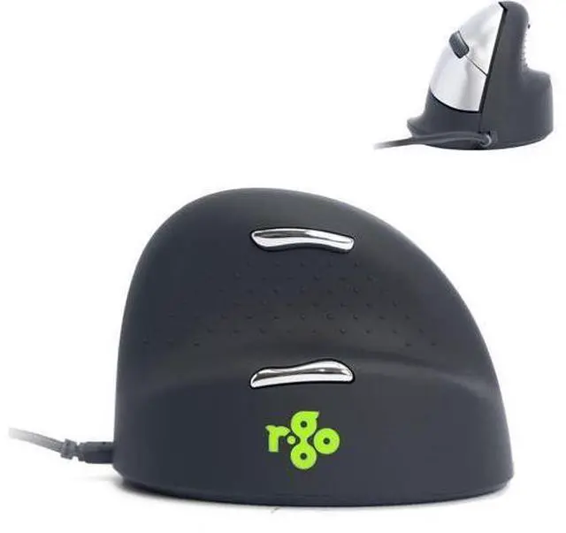 Main image of R-Go HE Ergonomic Mouse, with Break Software, USB-C Wired (with USB A Converter), Vertical Design, Anti Carpal Tunnel, Silent Click, Customisable Buttons, Compatible for Windows/Mac OS, Black/Silver