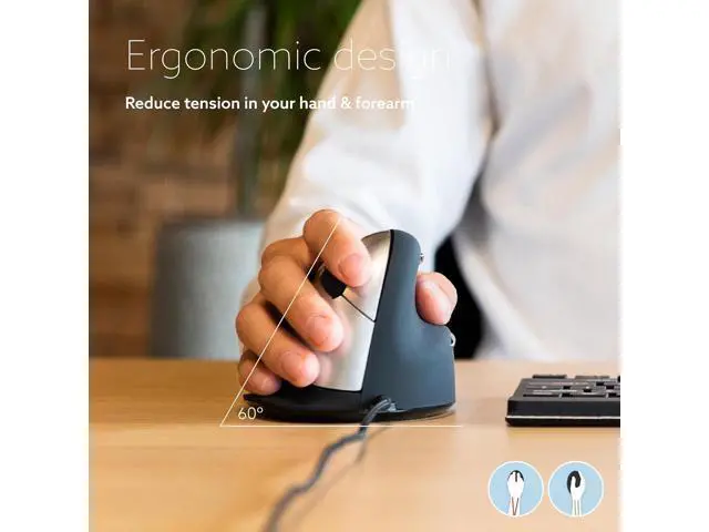 Alt view image 2 of 6 - R-Go HE Ergonomic Mouse, with Break Software, USB-C Wired (with USB A Converter), Vertical Design, Anti Carpal Tunnel, Silent Click, Customisable Buttons, Compatible for Windows/Mac OS, Black/Silver