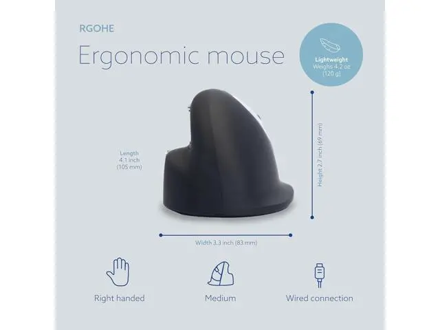 Alt view image 3 of 6 - R-Go HE Ergonomic Mouse, with Break Software, USB-C Wired (with USB A Converter), Vertical Design, Anti Carpal Tunnel, Silent Click, Customisable Buttons, Compatible for Windows/Mac OS, Black/Silver