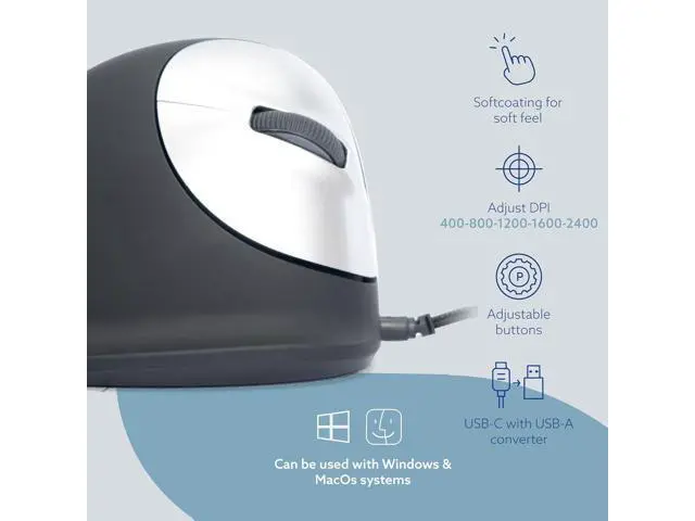 Alt view image 5 of 6 - R-Go HE Ergonomic Mouse, with Break Software, USB-C Wired (with USB A Converter), Vertical Design, Anti Carpal Tunnel, Silent Click, Customisable Buttons, Compatible for Windows/Mac OS, Black/Silver