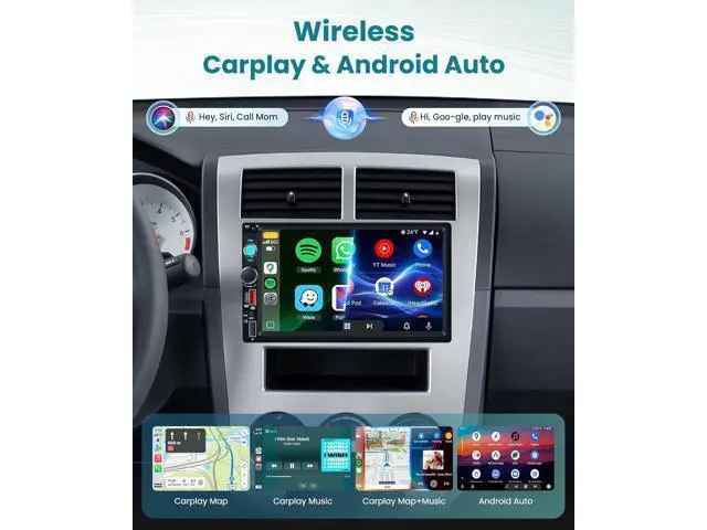 Alt view image 2 of 7 - Double Din Car Stereo with Wireless CarPlay/Android Auto, 7 Inch IPS Touch Screen Radio, Bluetooth 5.2, FM Radio,Double Din Head Unit with Online Video EQ USB/Type-C/TF Card/Aux Ports Backup Camera