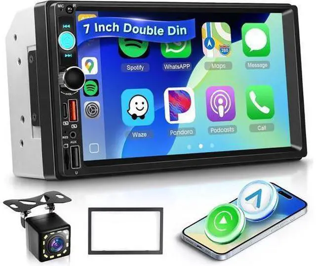 Main image of Double Din Car Stereo with Wireless CarPlay/Android Auto, 7 Inch IPS Touch Screen Radio, Bluetooth 5.2, FM Radio,Double Din Head Unit with Online Video EQ USB/Type-C/TF Card/Aux Ports Backup Camera