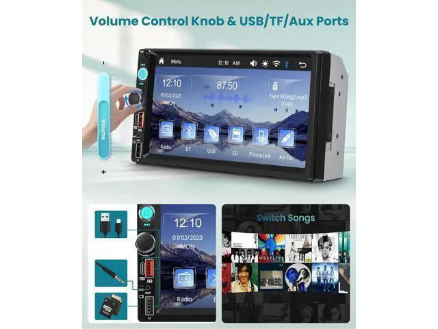 Alt view image 3 of 7 - Double Din Car Stereo with Wireless CarPlay/Android Auto, 7 Inch IPS Touch Screen Radio, Bluetooth 5.2, FM Radio,Double Din Head Unit with Online Video EQ USB/Type-C/TF Card/Aux Ports Backup Camera