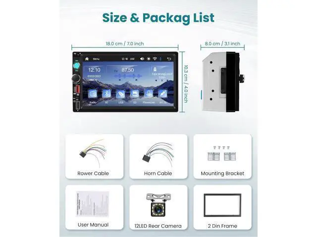 Alt view image 7 of 7 - Double Din Car Stereo with Wireless CarPlay/Android Auto, 7 Inch IPS Touch Screen Radio, Bluetooth 5.2, FM Radio,Double Din Head Unit with Online Video EQ USB/Type-C/TF Card/Aux Ports Backup Camera