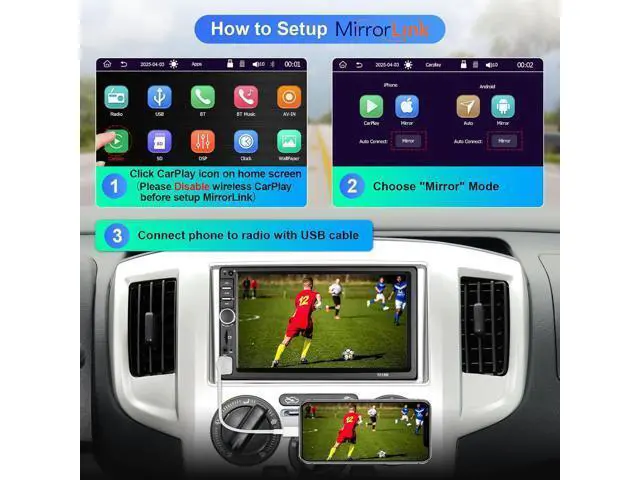 Alt view image 7 of 7 - Double Din Car Stereo Wireless Apple CarPlay Wireless Android Auto, 7 Inch Touchscreen Double Din Radio with Mirror Link,Bluetooth, Backup Camera, SWC/FM/USB/AUX