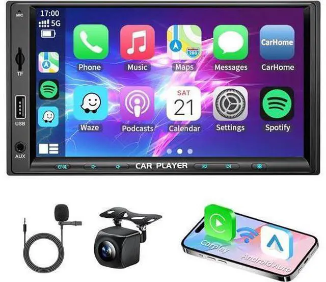 Main image of 7 Inch Double Din Car Stereo with Wireless Apple Carplay & Android Auto Navi Radio Head Unit with Touch Screen Bluetooth AM/FM Receiver/Mirror Link/Backup Camera/TF/AUX/USB Input