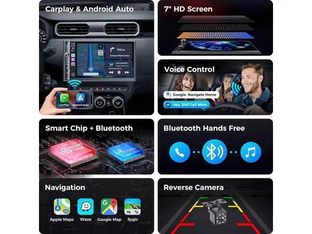 Alt view image 3 of 7 - Double Din Car Stereo with 7" Touchscreen, Wireless Apple Carplay & Android Auto, Bluetooth, Backup Camera, 240W, SWC, Subwoofer, FM/AM Car Audio Receiver