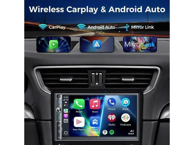 Alt view image 2 of 7 - Double Din Car Stereo with 7" Touchscreen, Wireless Apple Carplay & Android Auto, Bluetooth, Backup Camera, 240W, SWC, Subwoofer, FM/AM Car Audio Receiver