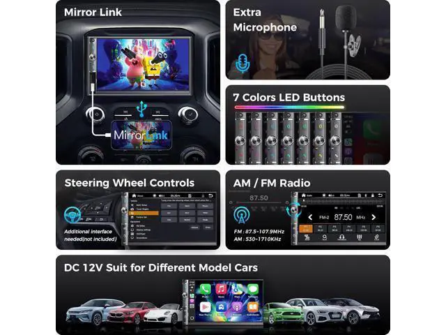 Alt view image 5 of 7 - Double Din Car Stereo with 7" Touchscreen, Wireless Apple Carplay & Android Auto, Bluetooth, Backup Camera, 240W, SWC, Subwoofer, FM/AM Car Audio Receiver