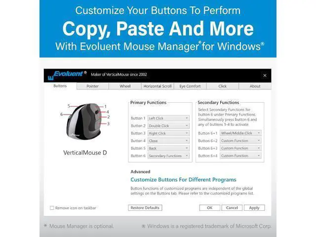 Alt view image 6 of 7 - Evoluent Inventor of The Vertical Mouse VM4S Ergonomic Vertical Mouse Right Hand Small Wired USB, Sculpted for Comfort, Reduces Wrist Strain, 4 Speeds, 6 Customizable Buttons in Windows
