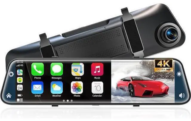 Main image of 4K Rear View Mirror Camera with Carplay&Android Auto,12" Mirror Dash Cam Front and Rear with Voice Control for Cars&Trucks,Smart Touch Screen,64GB Card Included/Loop Record/Reverse Assist