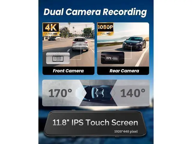 Alt view image 3 of 7 - 4K Rear View Mirror Camera with Carplay&Android Auto,12" Mirror Dash Cam Front and Rear with Voice Control for Cars&Trucks,Smart Touch Screen,64GB Card Included/Loop Record/Reverse Assist
