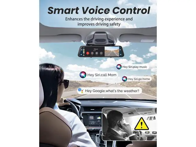 Alt view image 5 of 7 - 4K Rear View Mirror Camera with Carplay&Android Auto,12" Mirror Dash Cam Front and Rear with Voice Control for Cars&Trucks,Smart Touch Screen,64GB Card Included/Loop Record/Reverse Assist