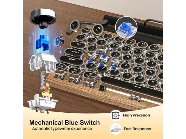 Alt view image 2 of 7 - Retro Typewriter Wireless Mechanical Gaming Keyboard, Bluetooth 5.0 Office Computer Vintage Keyboards 83-Key Blue Switches Punk Round Keycap, LED Backlight, Compatible with PC/Laptop/Pad/Phone, Wood