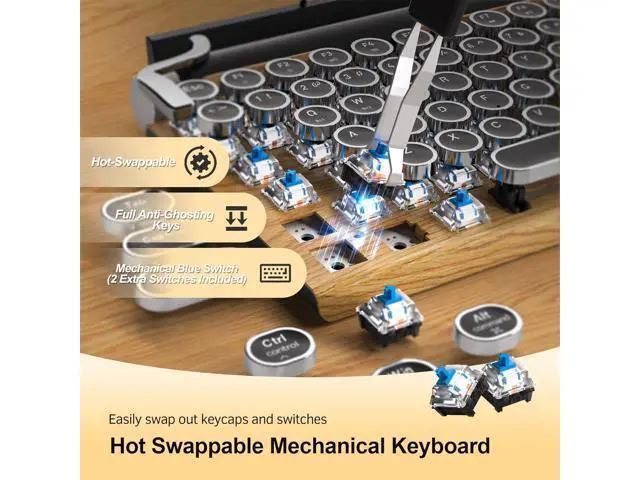 Alt view image 3 of 7 - Retro Typewriter Wireless Mechanical Gaming Keyboard, Bluetooth 5.0 Office Computer Vintage Keyboards 83-Key Blue Switches Punk Round Keycap, LED Backlight, Compatible with PC/Laptop/Pad/Phone, Wood