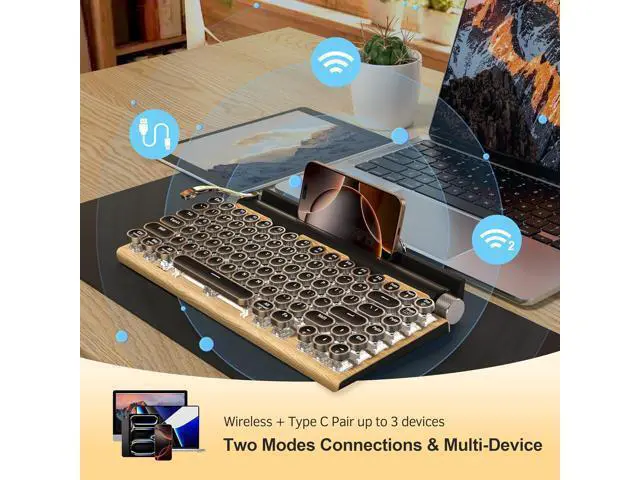 Alt view image 4 of 7 - Retro Typewriter Wireless Mechanical Gaming Keyboard, Bluetooth 5.0 Office Computer Vintage Keyboards 83-Key Blue Switches Punk Round Keycap, LED Backlight, Compatible with PC/Laptop/Pad/Phone, Wood