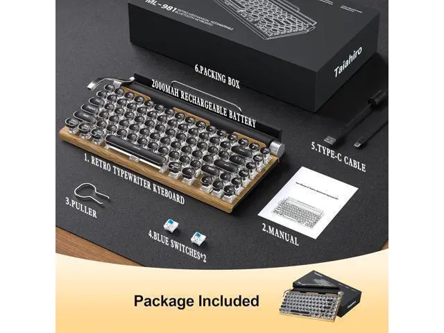 Alt view image 7 of 7 - Retro Typewriter Wireless Mechanical Gaming Keyboard, Bluetooth 5.0 Office Computer Vintage Keyboards 83-Key Blue Switches Punk Round Keycap, LED Backlight, Compatible with PC/Laptop/Pad/Phone, Wood