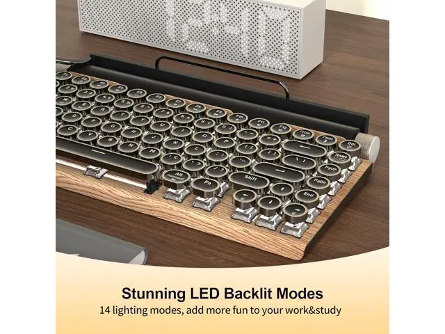 Alt view image 5 of 7 - Retro Typewriter Wireless Mechanical Gaming Keyboard, Bluetooth 5.0 Office Computer Vintage Keyboards 83-Key Blue Switches Punk Round Keycap, LED Backlight, Compatible with PC/Laptop/Pad/Phone, Wood