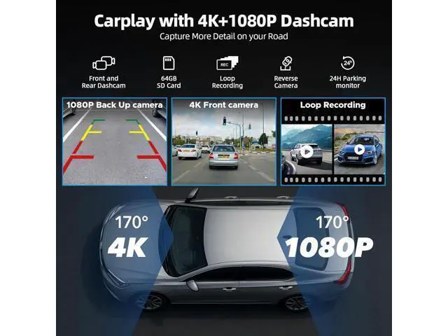 Alt view image 5 of 7 - Volam 9.26'' Carplay Screen for Car with 4K Dash Cam, Compatible with Apple Carplay & Android Auto, Carplay with 1080p Backup Camera, Mirror Link, Loop Recording, GPS Navigation