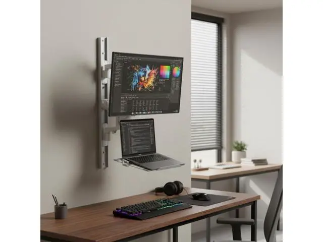 Alt view image 2 of 7 - ZeboZap ZLTV8022 Wall Monitor Mount with Keyboard Tray | Fits 17 to 43 Inch | Single Monitor Wall Mount with Laptop Tray | Home Office, Bedside, Healthcare | White | 26.4 lbs