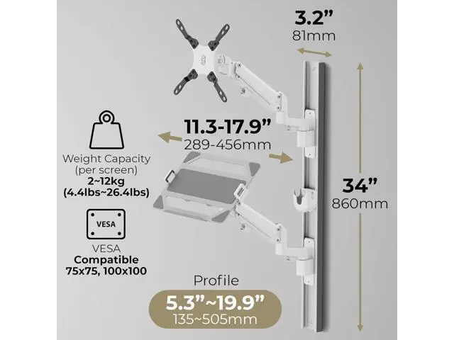 Alt view image 4 of 7 - ZeboZap ZLTV8022 Wall Monitor Mount with Keyboard Tray | Fits 17 to 43 Inch | Single Monitor Wall Mount with Laptop Tray | Home Office, Bedside, Healthcare | White | 26.4 lbs
