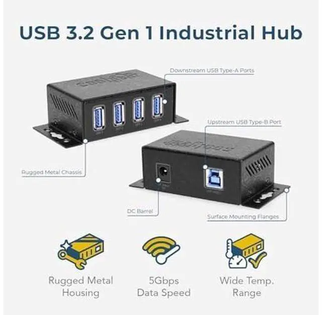 Alt view image 2 of 6 - Coolgear USB 3.2 Powered 4-Port Mini Hub, 5Gbps Fast Data Transfer with ESD & Surge Protection Durable and Mountable USB Hub