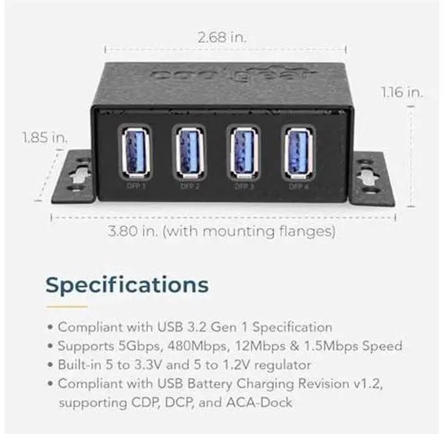 Alt view image 5 of 6 - Coolgear USB 3.2 Powered 4-Port Mini Hub, 5Gbps Fast Data Transfer with ESD & Surge Protection Durable and Mountable USB Hub