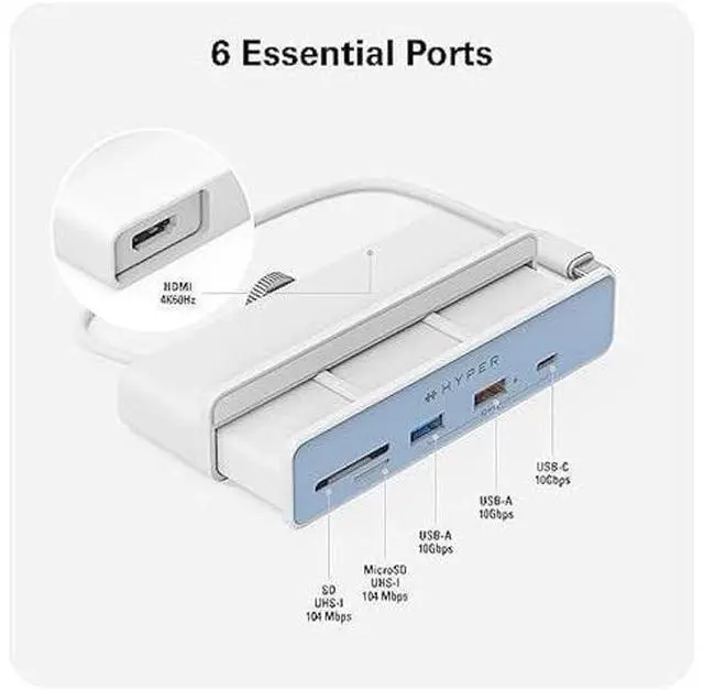 Alt view image 3 of 5 - HyperDrive 6in1 USB Hub Adapter: HDMI 4K60Hz, USB-C 10Gbps, 2 USB-A 10Gbps, SD UHS-I, MicroSD UHS-I for iMac 2021 24 inch