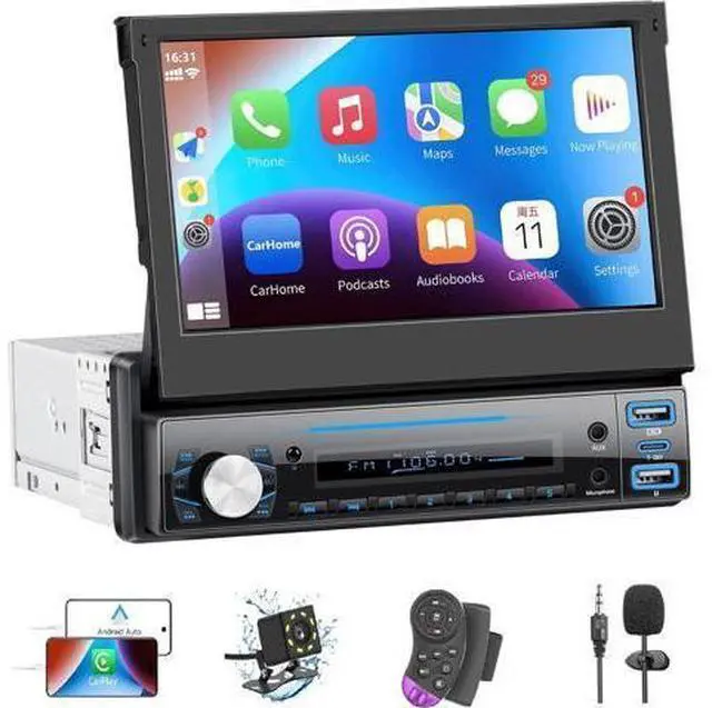Main image of Single Din Car Stereo with Carplay Android Auto,7 Inch Flip-Out Touchscreen Car Radio with Bluetooth,Mirror Link,Backup Camera,Support FM Outputs Type-C Charge USB AUX-in