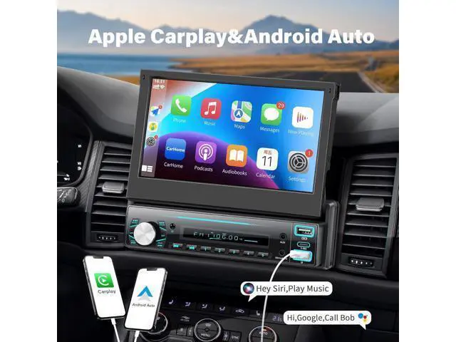 Alt view image 2 of 7 - Single Din Car Stereo with Carplay Android Auto,7 Inch Flip-Out Touchscreen Car Radio with Bluetooth,Mirror Link,Backup Camera,Support FM Outputs Type-C Charge USB AUX-in