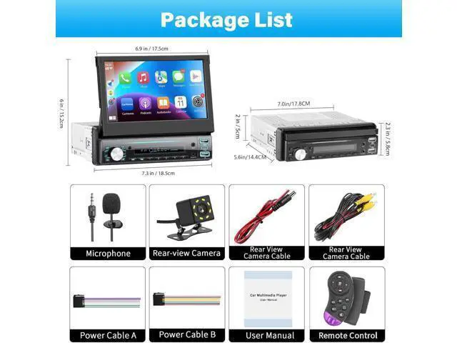 Alt view image 7 of 7 - Single Din Car Stereo with Carplay Android Auto,7 Inch Flip-Out Touchscreen Car Radio with Bluetooth,Mirror Link,Backup Camera,Support FM Outputs Type-C Charge USB AUX-in