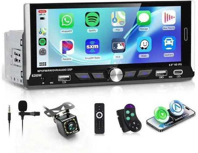 Main image of 6.9-inch Single Din Car Stereo Wireless Carplay,1280X480P IPS Touch Screen Car Radio,5.0Bluetooth Audio,Night Vision Backup Camera,Mirror Link,EQ,GPS,Type-C/USB,SWC,7-Color Backlight,Mic,Android Auto