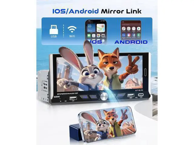 Alt view image 3 of 7 - 6.9-inch Single Din Car Stereo Wireless Carplay,1280X480P IPS Touch Screen Car Radio,5.0Bluetooth Audio,Night Vision Backup Camera,Mirror Link,EQ,GPS,Type-C/USB,SWC,7-Color Backlight,Mic,Android Auto