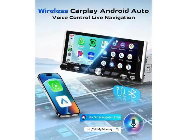 Alt view image 2 of 7 - 6.9-inch Single Din Car Stereo Wireless Carplay,1280X480P IPS Touch Screen Car Radio,5.0Bluetooth Audio,Night Vision Backup Camera,Mirror Link,EQ,GPS,Type-C/USB,SWC,7-Color Backlight,Mic,Android Auto